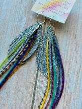Load image into Gallery viewer, Light As A Feather FUN Periwinkle Galaxy Sparkly Rooster Feather Silver Hoop Earrings
