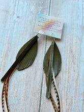 Load image into Gallery viewer, Light As A Feather FUN Dark Olive Green Rooster Feather Silver Hoop Earrings

