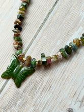 Load image into Gallery viewer, Autumn Refresh Vintage Hand Carved Jade Butterfly and Tourmaline and Peridot Gemstone Necklace
