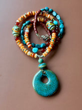Load image into Gallery viewer, Boho Mixed Media Spiny Oyster, Czech Glass, Carnelian and Turquoise Necklace.

