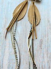 Load image into Gallery viewer, Light As A Feather FUN Tan Nubuck Rooster Feather Gold Hoop Earrings
