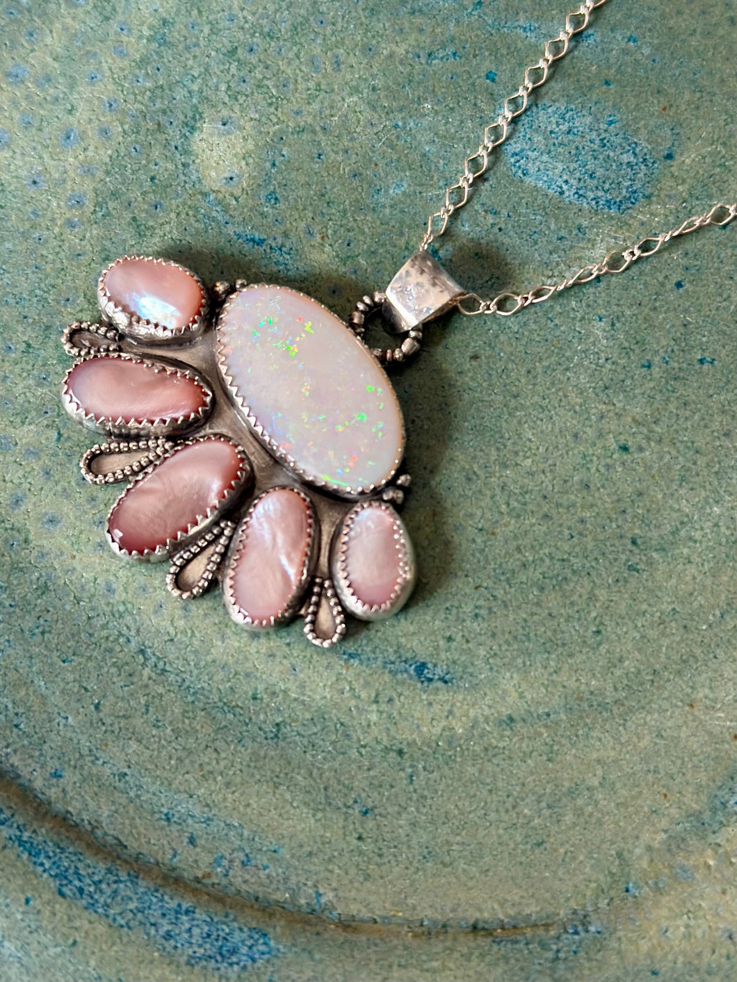 White Australian Opal and Pink Mussel Shell Floral Sterling Silver Pendant Necklace
