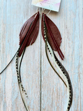 Load image into Gallery viewer, Light As A Feather FUN Garnet GAMEDAY Rooster Feather Silver Hoop Earrings
