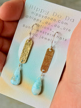 Load image into Gallery viewer, Mixed Metal Natural Larimar and Abstract Brass Dangle Earrings
