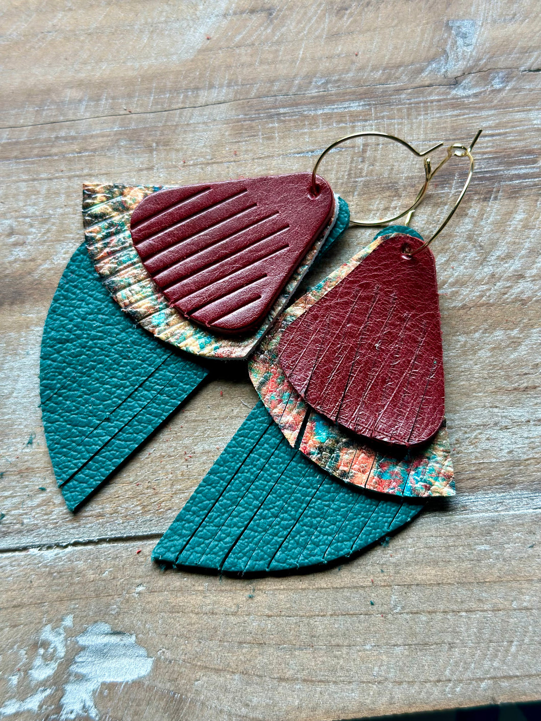 Warm Autumn Leather Dangles, Gold Hypoallergenic Hoops