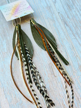 Load image into Gallery viewer, Light As A Feather FUN Dark Olive Green Rooster Feather Gold Hoop Earrings
