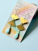 Load image into Gallery viewer, Mixed Metal Natural Larimar and Abstract Brass Dangle Earrings
