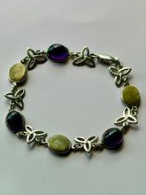 Load image into Gallery viewer, Vintage Celtic Trinity Knot Amethyst and Jade Sterling Silver Bracelet

