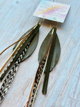 Load image into Gallery viewer, Light As A Feather FUN Dark Olive Green Rooster Feather Gold Hoop Earrings
