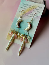 Load image into Gallery viewer, Mermaid Iridescent Crescent Moon Gold Fill Dangle Earrings
