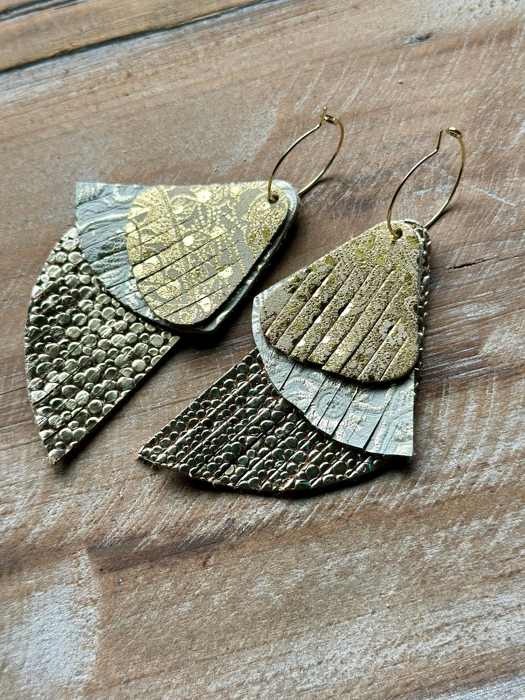 Golden Gals Paisley Leather Dangles, Gold Hypoallergenic Hoops