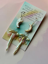 Load image into Gallery viewer, Mermaid Iridescent Crescent Moon Gold Fill Dangle Earrings
