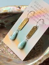 Load image into Gallery viewer, Mixed Metal Natural Larimar and Abstract Brass Dangle Earrings
