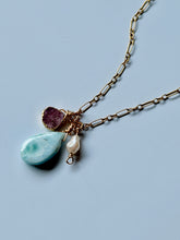 Load image into Gallery viewer, Ocean Waves Freshwater Pearl, Larimar And Ruby 14k Gold Fill Necklace
