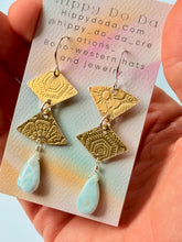 Load image into Gallery viewer, Mixed Metal Natural Larimar and Abstract Brass Dangle Earrings
