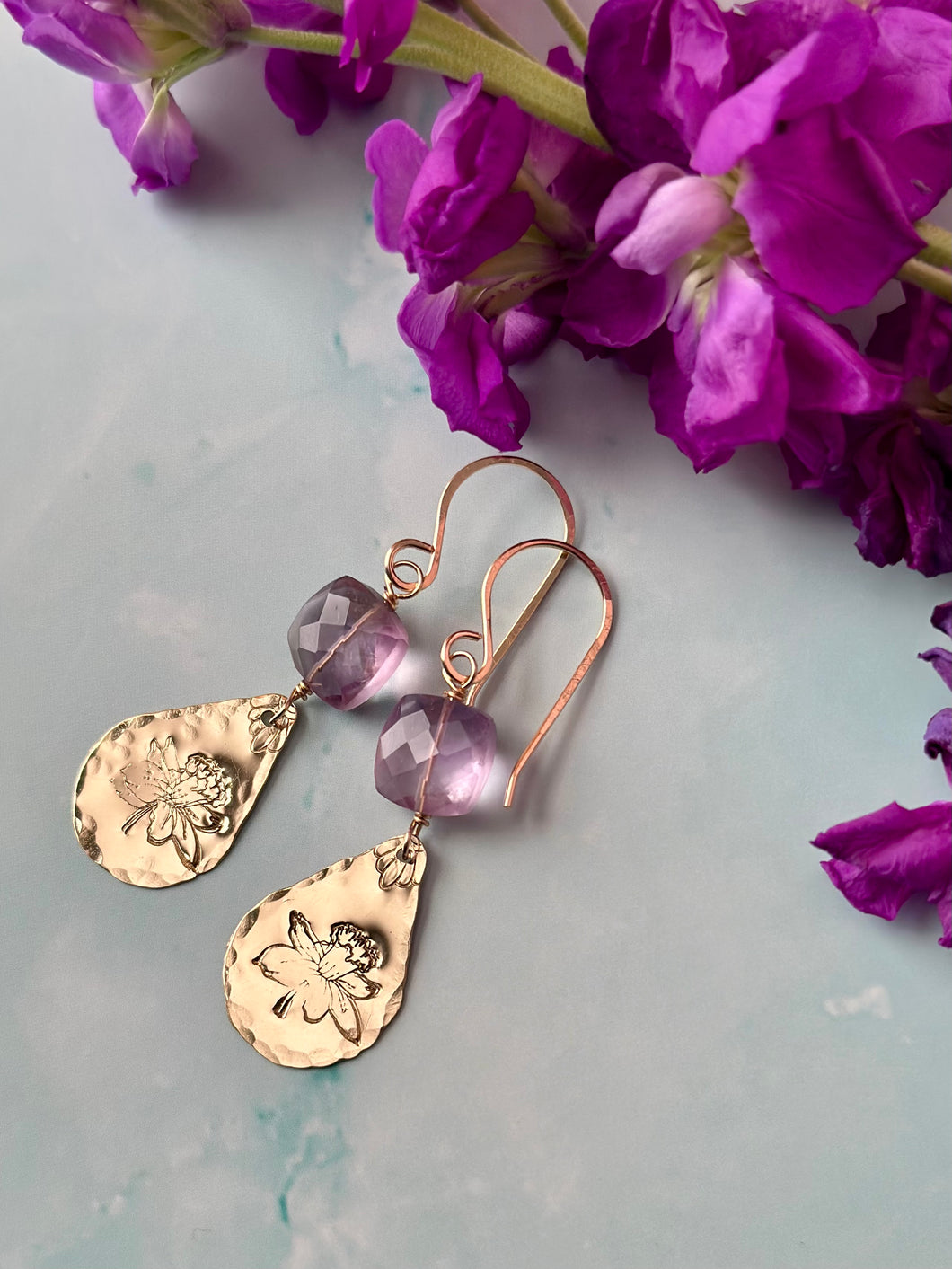 Color Therapy Amethyst and Floral Gold Fill Dangles